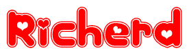 The image is a red and white graphic with the word Richerd written in a decorative script. Each letter in  is contained within its own outlined bubble-like shape. Inside each letter, there is a white heart symbol.