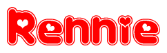   The image is a clipart featuring the word Rennie written in a stylized font with a heart shape replacing inserted into the center of each letter. The color scheme of the text and hearts is red with a light outline. 