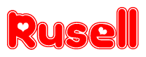 The image is a red and white graphic with the word Rusell written in a decorative script. Each letter in  is contained within its own outlined bubble-like shape. Inside each letter, there is a white heart symbol.
