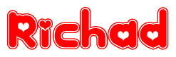 The image is a red and white graphic with the word Richad written in a decorative script. Each letter in  is contained within its own outlined bubble-like shape. Inside each letter, there is a white heart symbol.