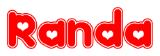 The image is a red and white graphic with the word Randa written in a decorative script. Each letter in  is contained within its own outlined bubble-like shape. Inside each letter, there is a white heart symbol.