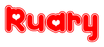 The image displays the word Ruary written in a stylized red font with hearts inside the letters.