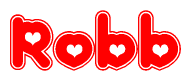 The image is a red and white graphic with the word Robb written in a decorative script. Each letter in  is contained within its own outlined bubble-like shape. Inside each letter, there is a white heart symbol.