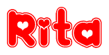 The image is a clipart featuring the word Rita written in a stylized font with a heart shape replacing inserted into the center of each letter. The color scheme of the text and hearts is red with a light outline.