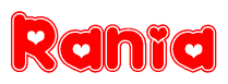 The image is a clipart featuring the word Rania written in a stylized font with a heart shape replacing inserted into the center of each letter. The color scheme of the text and hearts is red with a light outline.