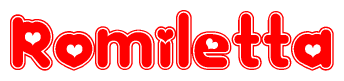 The image is a clipart featuring the word Romiletta written in a stylized font with a heart shape replacing inserted into the center of each letter. The color scheme of the text and hearts is red with a light outline.