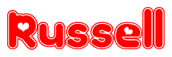 The image displays the word Russell written in a stylized red font with hearts inside the letters.