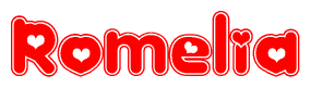 The image is a clipart featuring the word Romelia written in a stylized font with a heart shape replacing inserted into the center of each letter. The color scheme of the text and hearts is red with a light outline.