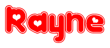 The image is a red and white graphic with the word Rayne written in a decorative script. Each letter in  is contained within its own outlined bubble-like shape. Inside each letter, there is a white heart symbol.
