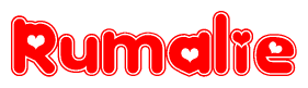 The image is a clipart featuring the word Rumalie written in a stylized font with a heart shape replacing inserted into the center of each letter. The color scheme of the text and hearts is red with a light outline.