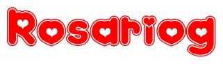 The image is a clipart featuring the word Rosariog written in a stylized font with a heart shape replacing inserted into the center of each letter. The color scheme of the text and hearts is red with a light outline.