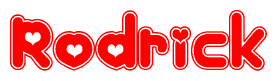 The image displays the word Rodrick written in a stylized red font with hearts inside the letters.