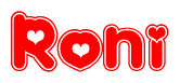 The image is a red and white graphic with the word Roni written in a decorative script. Each letter in  is contained within its own outlined bubble-like shape. Inside each letter, there is a white heart symbol.