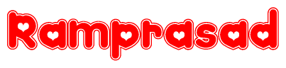 The image displays the word Ramprasad written in a stylized red font with hearts inside the letters.