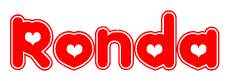 The image is a red and white graphic with the word Ronda written in a decorative script. Each letter in  is contained within its own outlined bubble-like shape. Inside each letter, there is a white heart symbol.