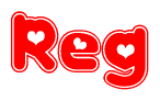 The image is a red and white graphic with the word Reg written in a decorative script. Each letter in  is contained within its own outlined bubble-like shape. Inside each letter, there is a white heart symbol.