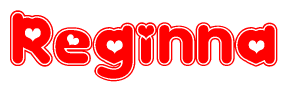 The image is a red and white graphic with the word Reginna written in a decorative script. Each letter in  is contained within its own outlined bubble-like shape. Inside each letter, there is a white heart symbol.