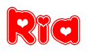 The image is a clipart featuring the word Ria written in a stylized font with a heart shape replacing inserted into the center of each letter. The color scheme of the text and hearts is red with a light outline.