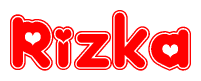 The image displays the word Rizka written in a stylized red font with hearts inside the letters.
