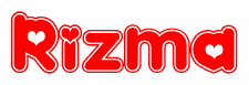 The image displays the word Rizma written in a stylized red font with hearts inside the letters.