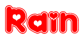 The image is a clipart featuring the word Rain written in a stylized font with a heart shape replacing inserted into the center of each letter. The color scheme of the text and hearts is red with a light outline.