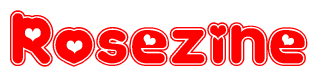 The image is a clipart featuring the word Rosezine written in a stylized font with a heart shape replacing inserted into the center of each letter. The color scheme of the text and hearts is red with a light outline.