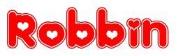 The image is a clipart featuring the word Robbin written in a stylized font with a heart shape replacing inserted into the center of each letter. The color scheme of the text and hearts is red with a light outline.