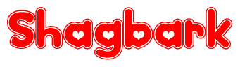 The image displays the word Shagbark written in a stylized red font with hearts inside the letters.
