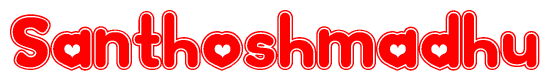 The image is a clipart featuring the word Santhoshmadhu written in a stylized font with a heart shape replacing inserted into the center of each letter. The color scheme of the text and hearts is red with a light outline.