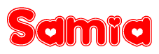 The image is a red and white graphic with the word Samia written in a decorative script. Each letter in  is contained within its own outlined bubble-like shape. Inside each letter, there is a white heart symbol.