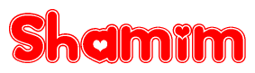 The image is a red and white graphic with the word Shamim written in a decorative script. Each letter in  is contained within its own outlined bubble-like shape. Inside each letter, there is a white heart symbol.
