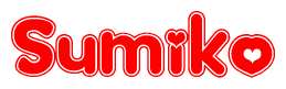 The image is a red and white graphic with the word Sumiko written in a decorative script. Each letter in  is contained within its own outlined bubble-like shape. Inside each letter, there is a white heart symbol.