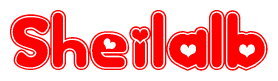 The image is a clipart featuring the word Sheilalb written in a stylized font with a heart shape replacing inserted into the center of each letter. The color scheme of the text and hearts is red with a light outline.