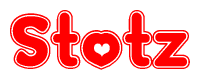 The image is a red and white graphic with the word Stotz written in a decorative script. Each letter in  is contained within its own outlined bubble-like shape. Inside each letter, there is a white heart symbol.
