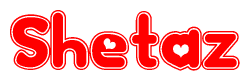 The image is a red and white graphic with the word Shetaz written in a decorative script. Each letter in  is contained within its own outlined bubble-like shape. Inside each letter, there is a white heart symbol.
