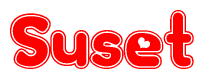 The image is a clipart featuring the word Suset written in a stylized font with a heart shape replacing inserted into the center of each letter. The color scheme of the text and hearts is red with a light outline.