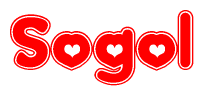 The image is a red and white graphic with the word Sogol written in a decorative script. Each letter in  is contained within its own outlined bubble-like shape. Inside each letter, there is a white heart symbol.
