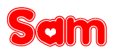 The image is a red and white graphic with the word Sam written in a decorative script. Each letter in  is contained within its own outlined bubble-like shape. Inside each letter, there is a white heart symbol.