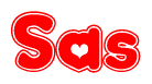 The image is a clipart featuring the word Sas written in a stylized font with a heart shape replacing inserted into the center of each letter. The color scheme of the text and hearts is red with a light outline.