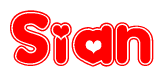 The image is a red and white graphic with the word Sian written in a decorative script. Each letter in  is contained within its own outlined bubble-like shape. Inside each letter, there is a white heart symbol.