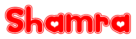   The image is a red and white graphic with the word Shamra written in a decorative script. Each letter in  is contained within its own outlined bubble-like shape. Inside each letter, there is a white heart symbol. 