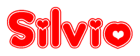 The image is a red and white graphic with the word Silvio written in a decorative script. Each letter in  is contained within its own outlined bubble-like shape. Inside each letter, there is a white heart symbol.