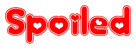 The image is a red and white graphic with the word Spoiled written in a decorative script. Each letter in  is contained within its own outlined bubble-like shape. Inside each letter, there is a white heart symbol.