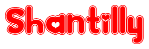 The image displays the word Shantilly written in a stylized red font with hearts inside the letters.