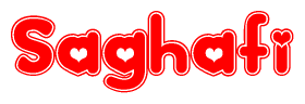 The image is a red and white graphic with the word Saghafi written in a decorative script. Each letter in  is contained within its own outlined bubble-like shape. Inside each letter, there is a white heart symbol.