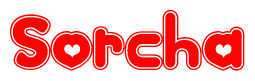 The image is a clipart featuring the word Sorcha written in a stylized font with a heart shape replacing inserted into the center of each letter. The color scheme of the text and hearts is red with a light outline.