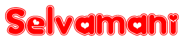 The image is a red and white graphic with the word Selvamani written in a decorative script. Each letter in  is contained within its own outlined bubble-like shape. Inside each letter, there is a white heart symbol.