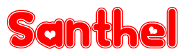 The image is a red and white graphic with the word Santhel written in a decorative script. Each letter in  is contained within its own outlined bubble-like shape. Inside each letter, there is a white heart symbol.