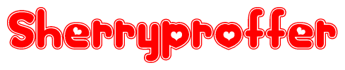 The image is a red and white graphic with the word Sherryproffer written in a decorative script. Each letter in  is contained within its own outlined bubble-like shape. Inside each letter, there is a white heart symbol.