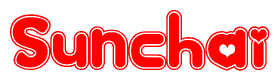The image is a red and white graphic with the word Sunchai written in a decorative script. Each letter in  is contained within its own outlined bubble-like shape. Inside each letter, there is a white heart symbol.